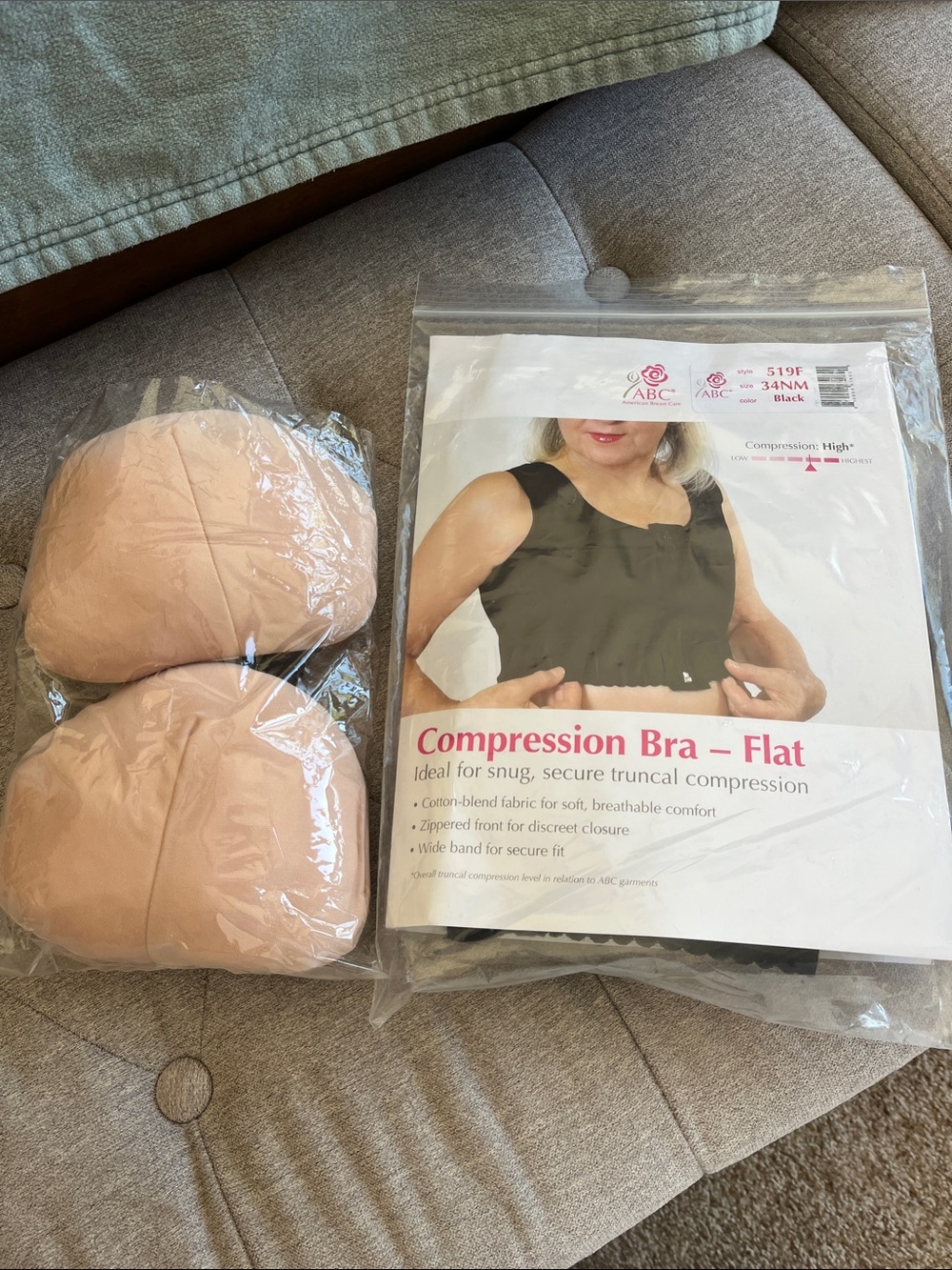 American Breast Care compression Bra - Flat size 34 w/ armpit pillows Mastectomy